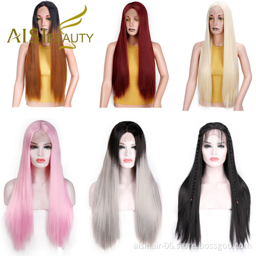 Aisi Beauty Wholesale Cheap Vendor 26 Inch Long Silky Straight Lace Frontal Synthetic Hair For Black Women Lace Front Wig